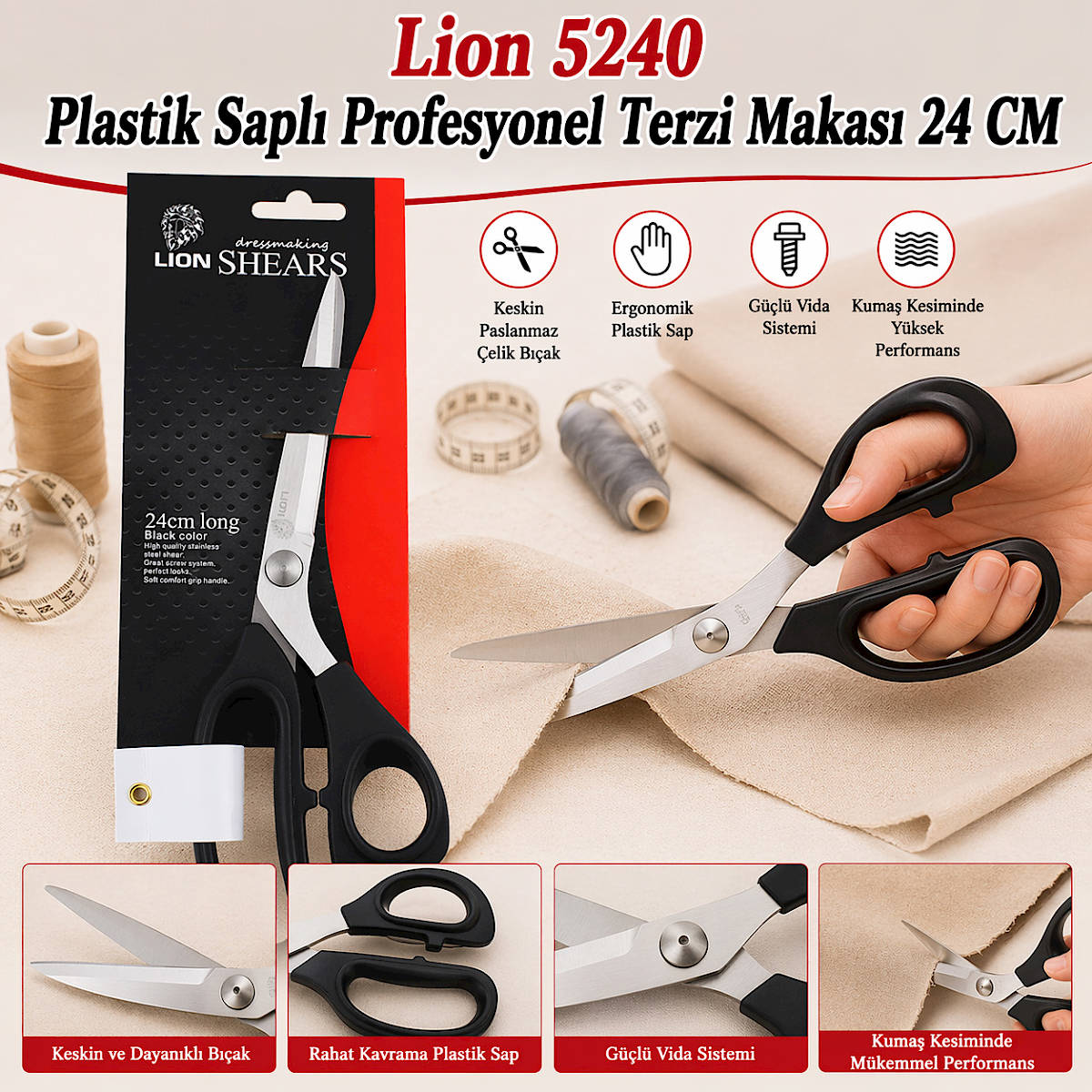 Lion 5240 Plastik Sapl� Profesyonel Terzi Makas� 24 CM