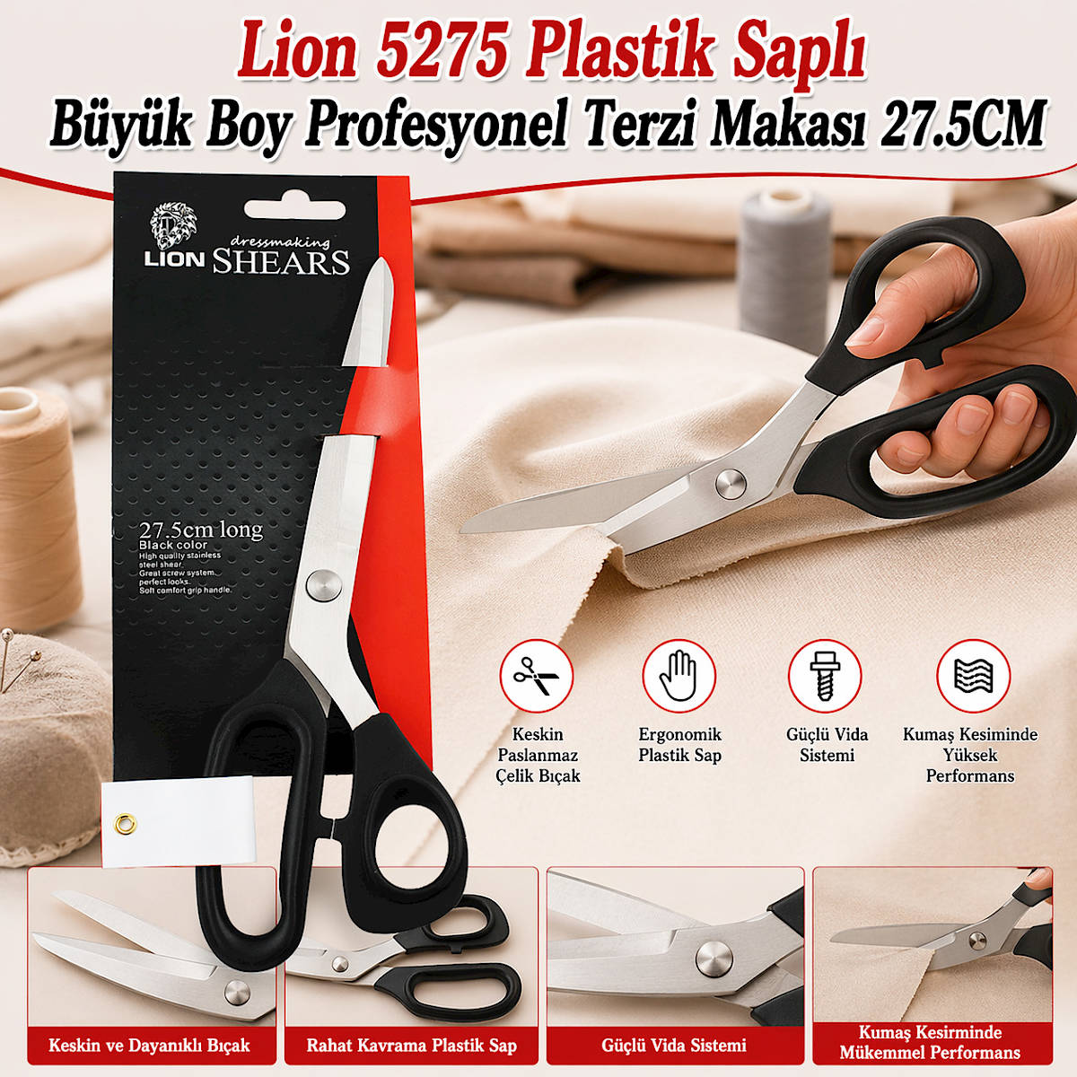 Lion 5275 Plastik Sapl� B�y�k Boy Profesyonel Terzi Makas� 27.5CM