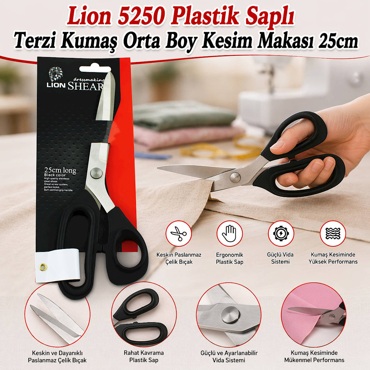 Lion 5250 Plastik Sapl� Terzi Kuma� Orta Boy Kesim Makas� 25cm
