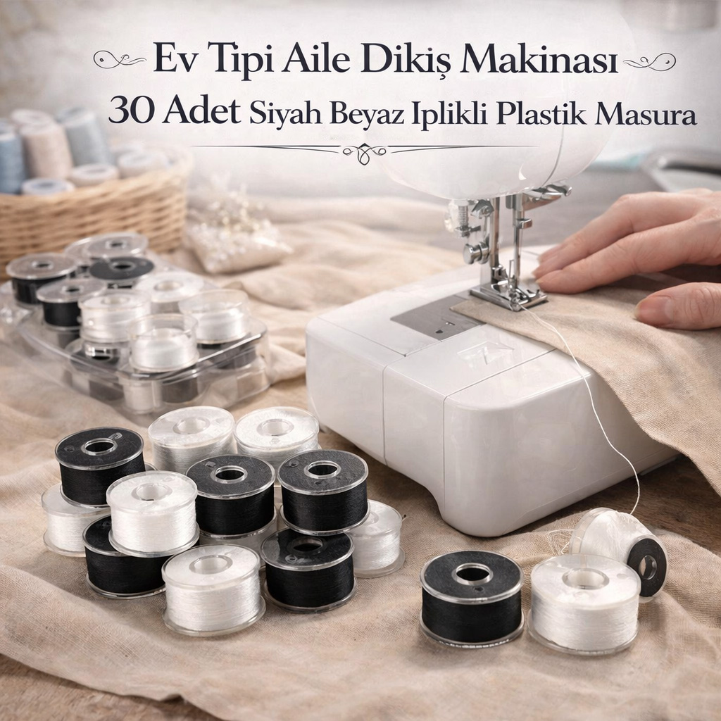 Ev Tipi Aile Diki� Makinas� 30 Adet Siyah Beyaz �plikli Plastik Masura