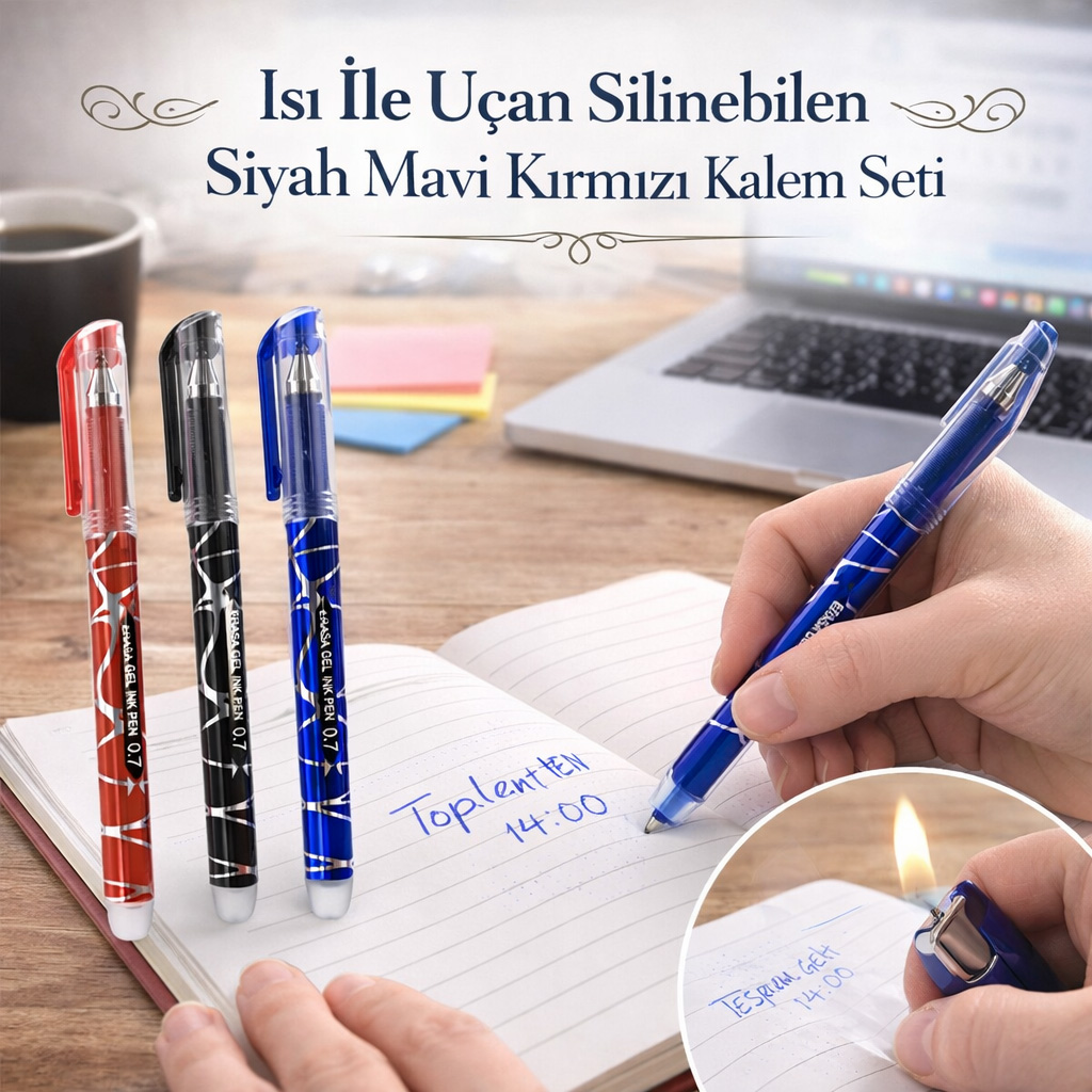 Is� �le U�an Silinebilen Siyah Mavi K�rm�z� Kalem Seti