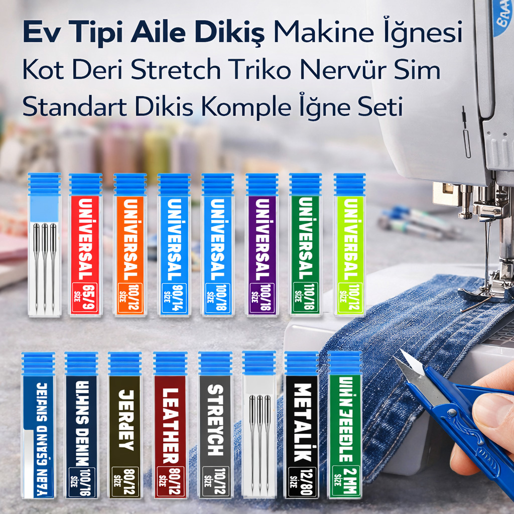 Ev Tipi Aile Dikiş Makine İğnesi Kot Deri Strech Triko Nervür Sim Standart Dikiş Komple İğne Seti