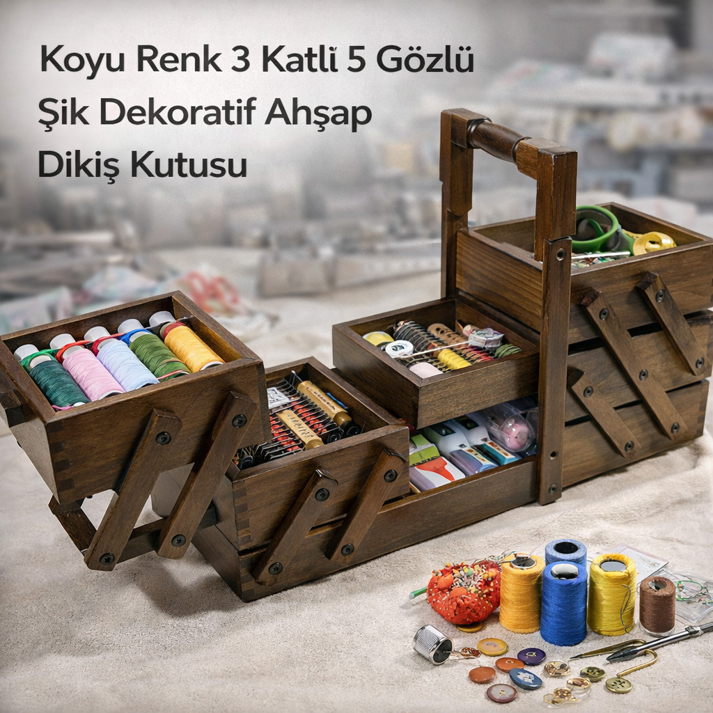 Koyu Renk 3 Katl� 5 G�zl� ��k Dekoratif Ah�ap Diki� Kutusu