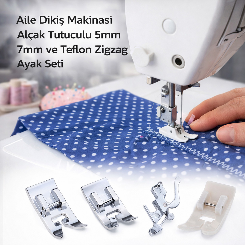 Aile Diki� Makinas� Al�ak Tutuculu 5mm 7mm ve Teflon Zigzag Ayak Seti