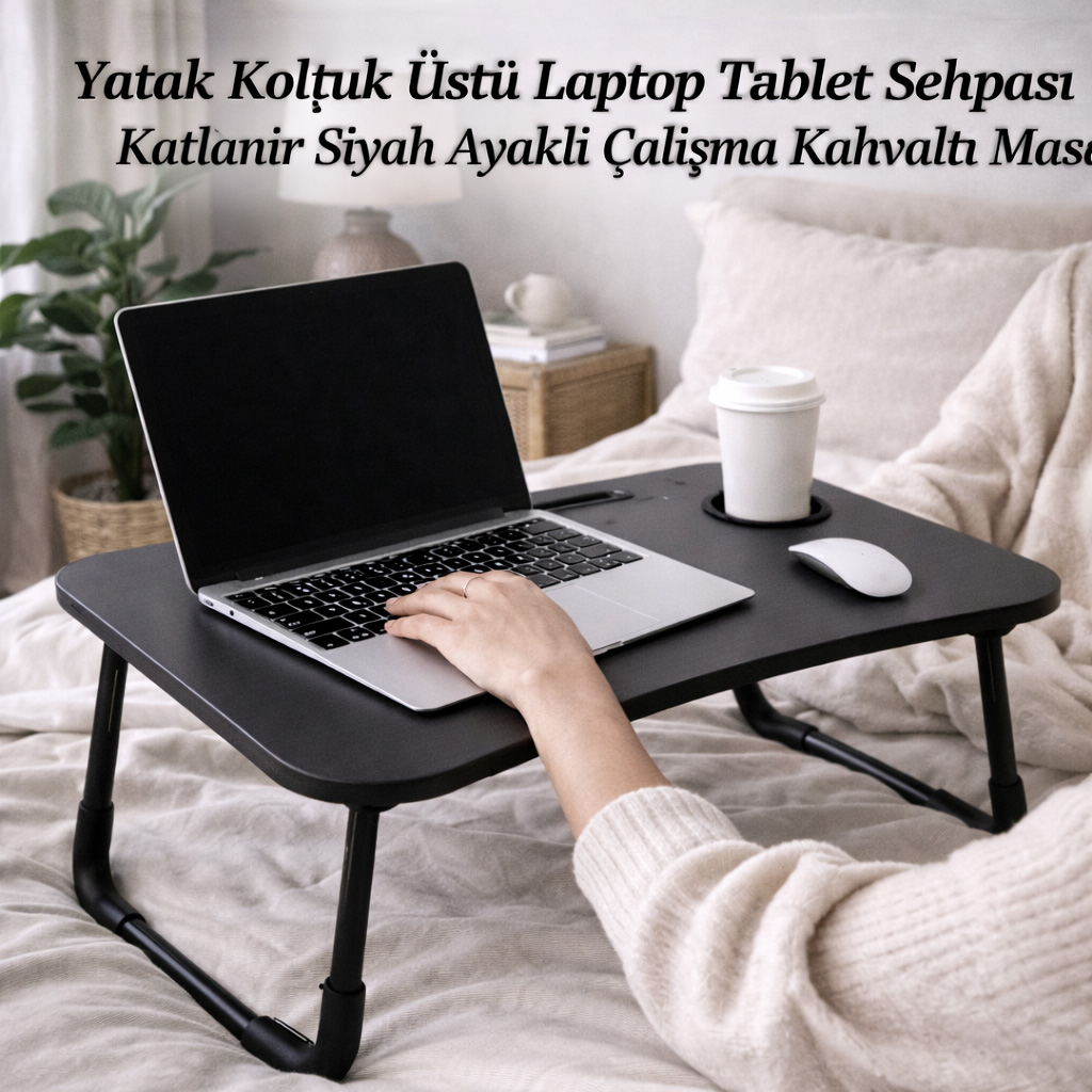 Yatak Koltuk �st� Laptop Tablet Sehpas� Katlan�r Siyah Ayakl� �al��ma Kahvalt� Masas� 