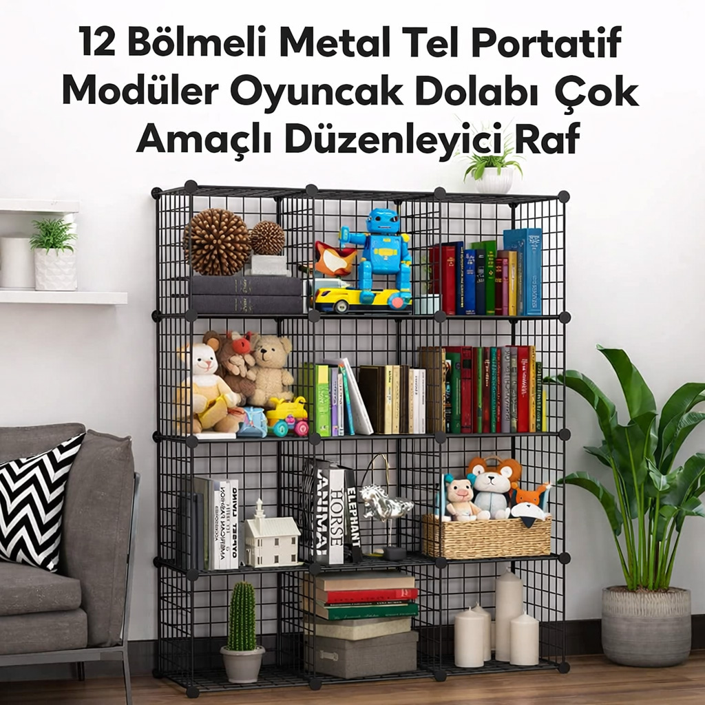 12 B�lmeli Metal Tel Portatif Mod�ler Oyuncak Dolab� �ok Ama�l� D�zenleyici Raf�