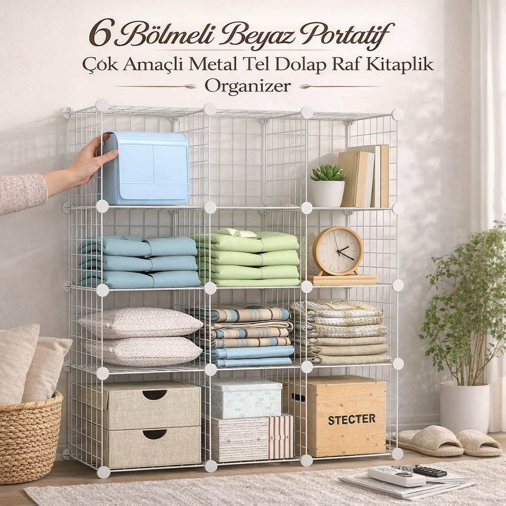 6 B�lmeli Beyaz Portatif �ok Ama�l� Metal Tel Dolap Raf Kitapl�k Organizer