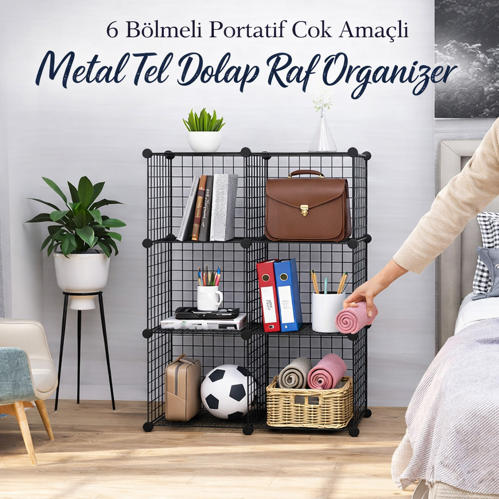 6 Bölmeli Portatif Çok Amaçlı Metal Tel Dolap Raf Organizer