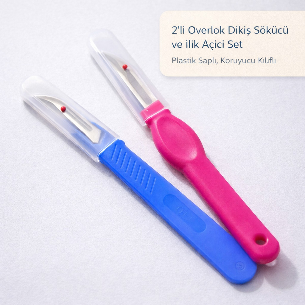 2\'li Overlok Dikiş Sökücü ve İlik Açıcı Set – Plastik Saplı, Koruyucu Kılıflı