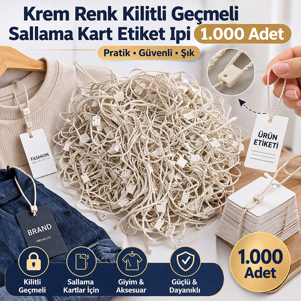Krem Renk Kilitli Ge�meli Sallama Kart Etiket Ipi 1.000 Adet