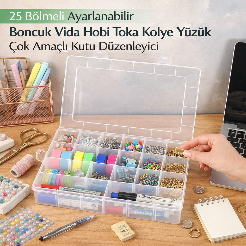 Paket i�eri�i 1 adet 25 b�lmeli plastik kutu (Yaln�zca kutudur,Kutu i�erisinde malzeme bulunmamaktad�r) Plastik kutu 25 b�lmelidir B�lme aralar� portatiftir D�zenleyici Kutu ile K���k Aksesuarlar�n�z� �ok Daha D�zenli Saklay�n. 25Adet Ayarlanabilen B�lmesi Ile Olduk�a Kullan��l�d�r. Ne Nerede Tam Olarak G�rebilece�iniz �effaf Malzemeden �retilmi�tir. Tak�, Kolye, K�pe, Y�z�k Gibi Bir�ok Aksesuar�n�z I�in Kullanabilirsiniz. ��erisine Koyaca��n�z E�yaya G�re B�lmeleri Ayarlayabilirsiniz, �stedi�iniz B�lmeyi ��kararak Daha Geni� B�lmeler Olu�turabilirsiniz.