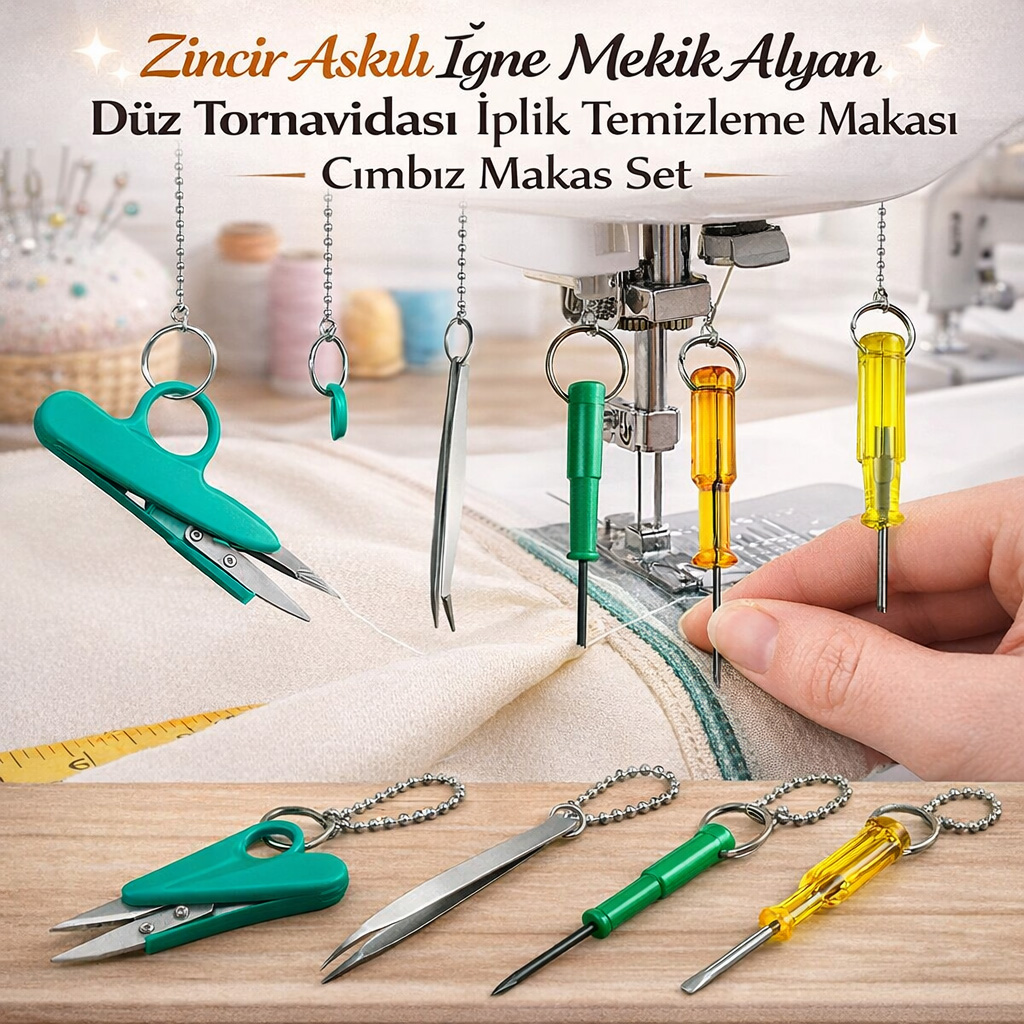 Zincir Ask�l� I�ne Mekik Alyan D�z Tornavidas� Iplik Temizleme Makas� C�mb�z Makas Set