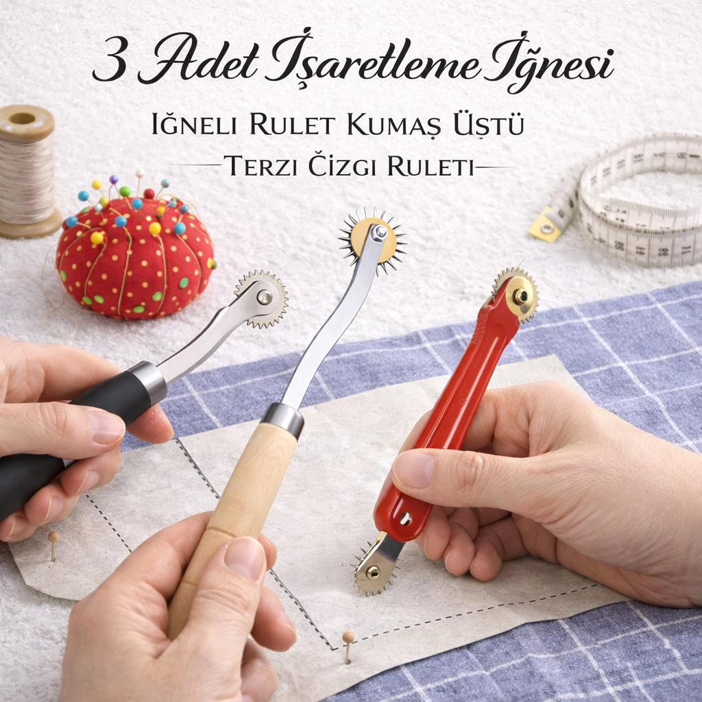 3 Adet I�aretleme I�nesi I�neli Rulet Kuma� �st� Terzi �izgi Ruleti