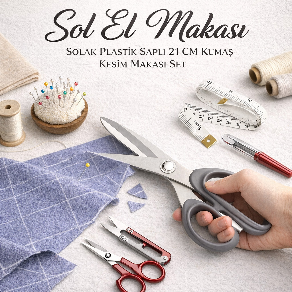 Sol El Makas� Solak Plastik Sapl� 21 CM Kuma� Kesim Makas� Set
