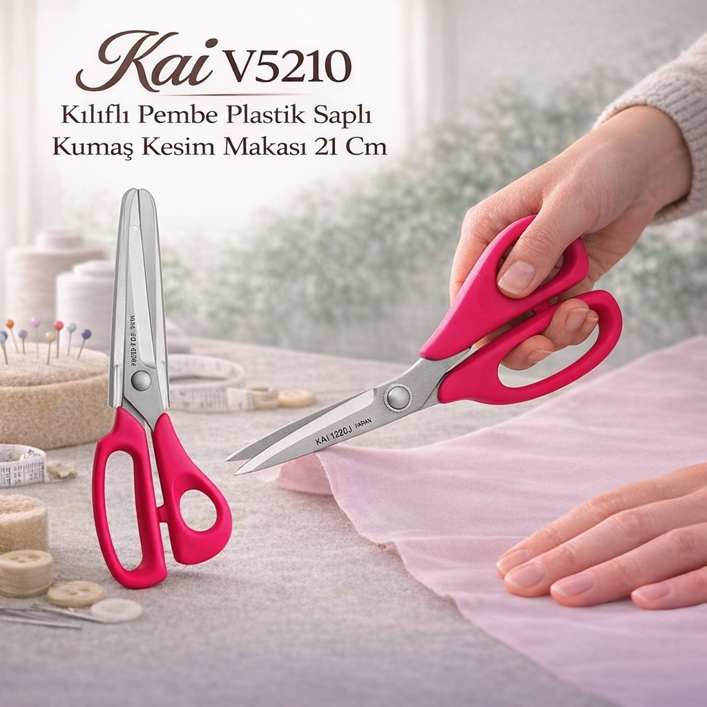 Kai V5210 K�l�fl� Pembe Plastik Sapl� Kuma� Kesim Makas� 21 Cm