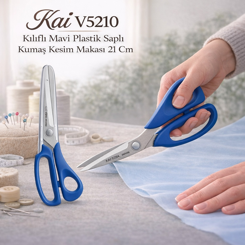 Kai V5210 Kılıflı Mavi Plastik Saplı Kumaş Kesim Makası 21 Cm
