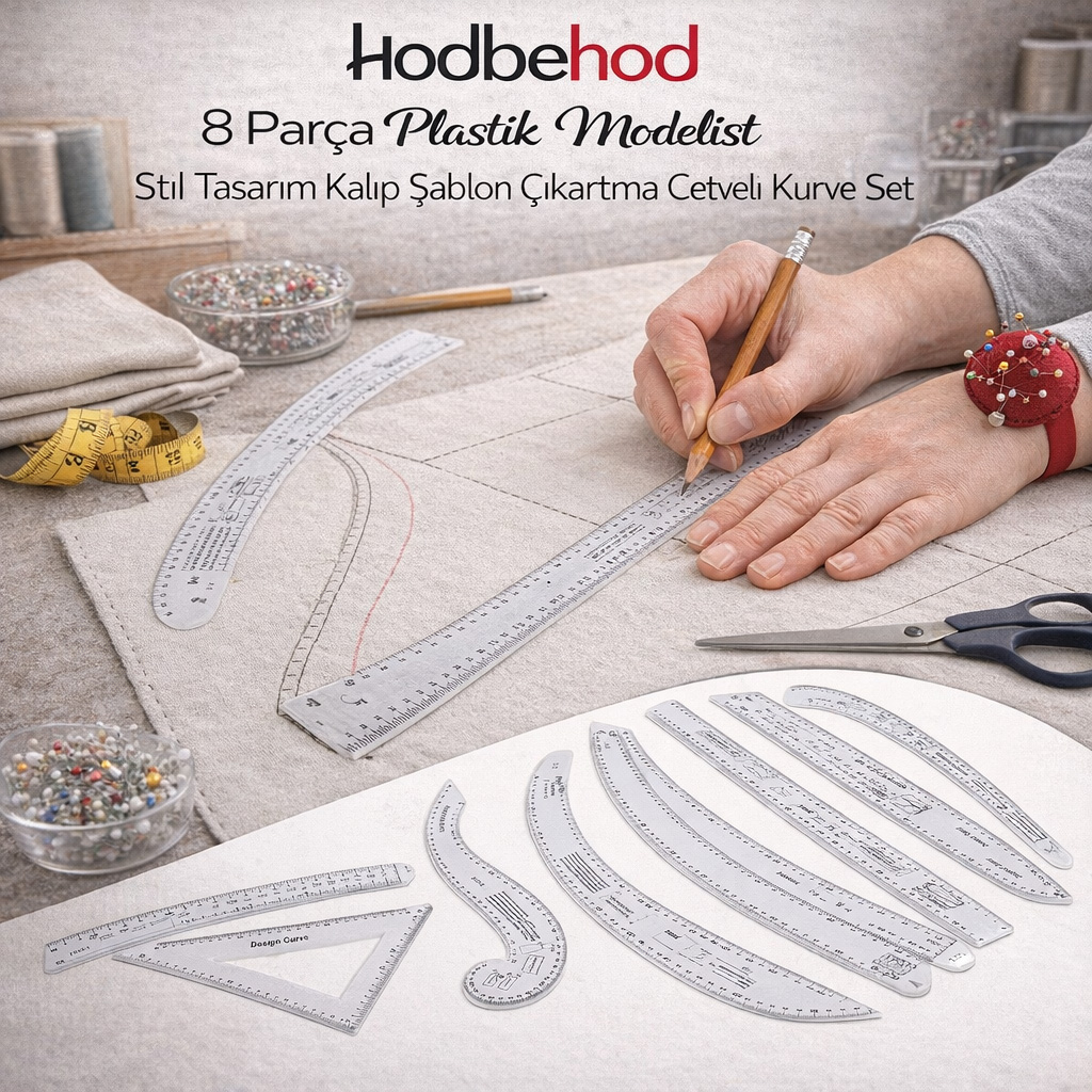 Hodbehod 8 Par�a Plastik Modelist Stil Tasar�m Kal�p �ablon ��kartma Cetveli Kurve Set