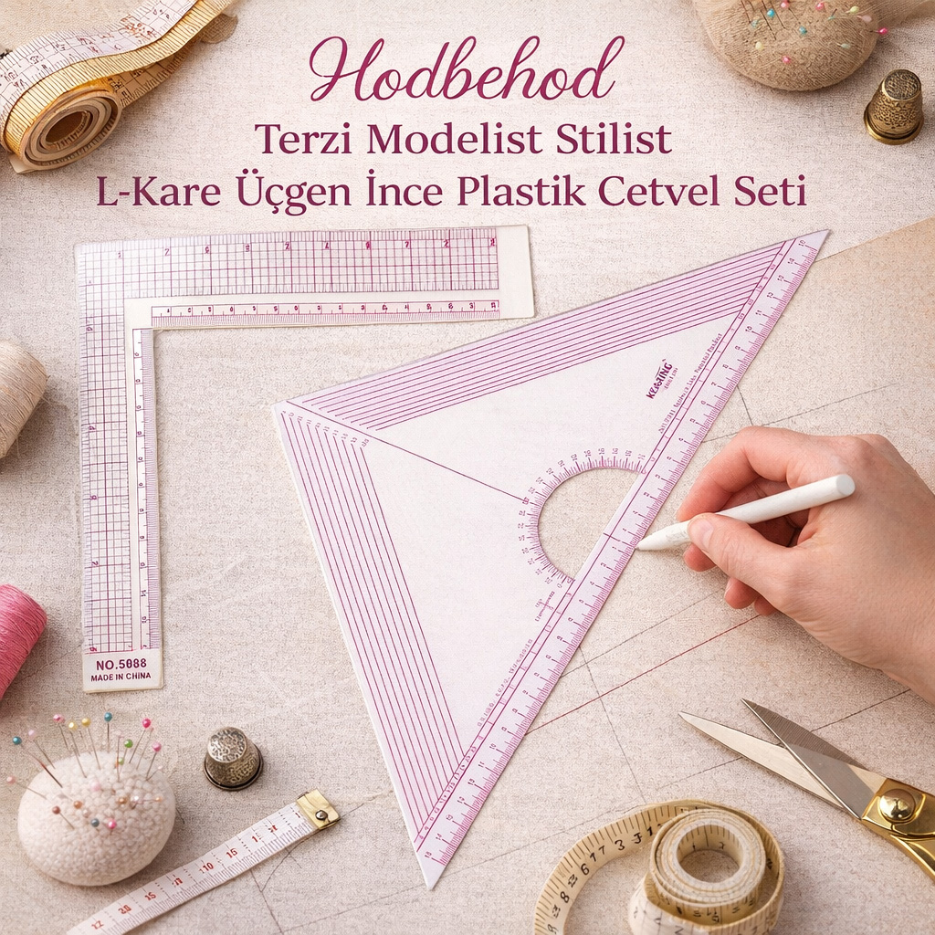 Hodbehod Terzi Modelist Stilist L-Kare Üçgen İnce Plastik Cetvel Seti