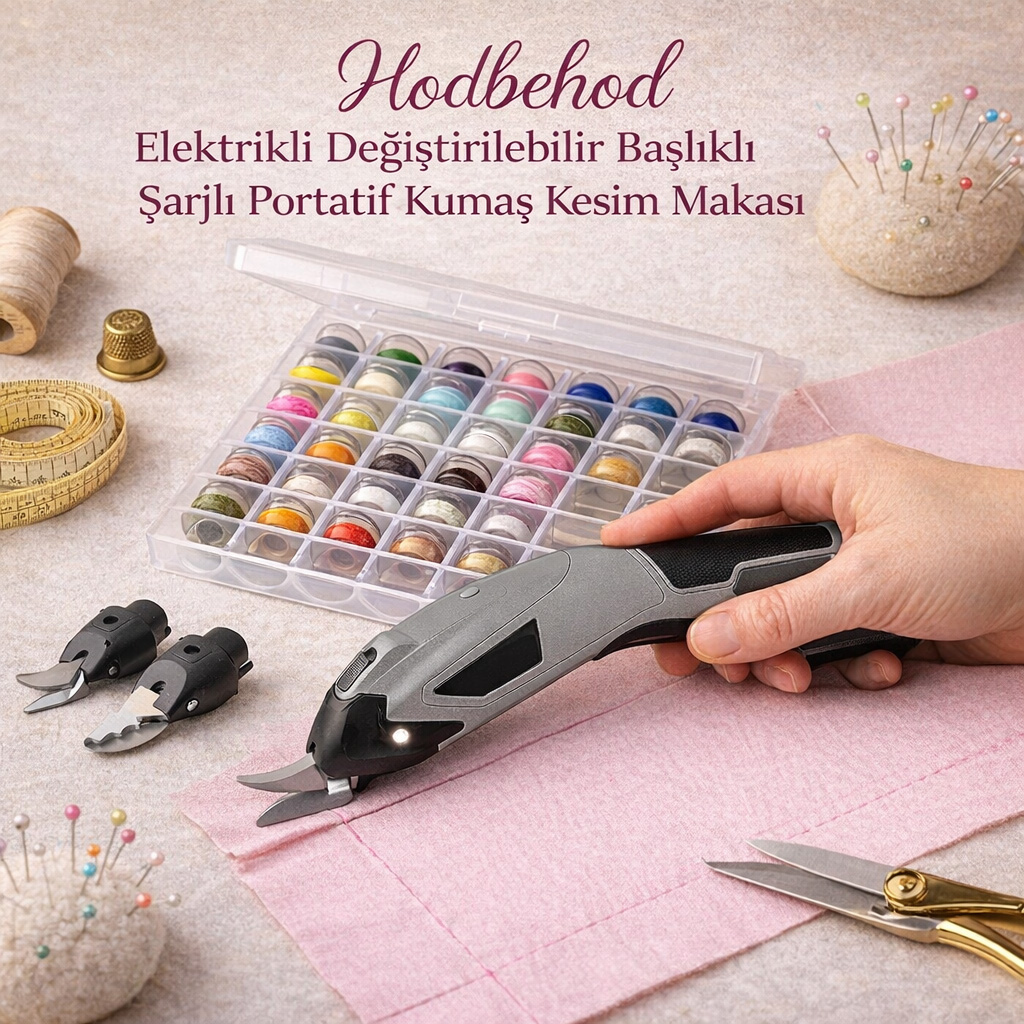 Hodbehod Elektrikli De�i�tirilebilir Ba�l�kl� �arjl� Portatif Kuma� Kesim Makas�