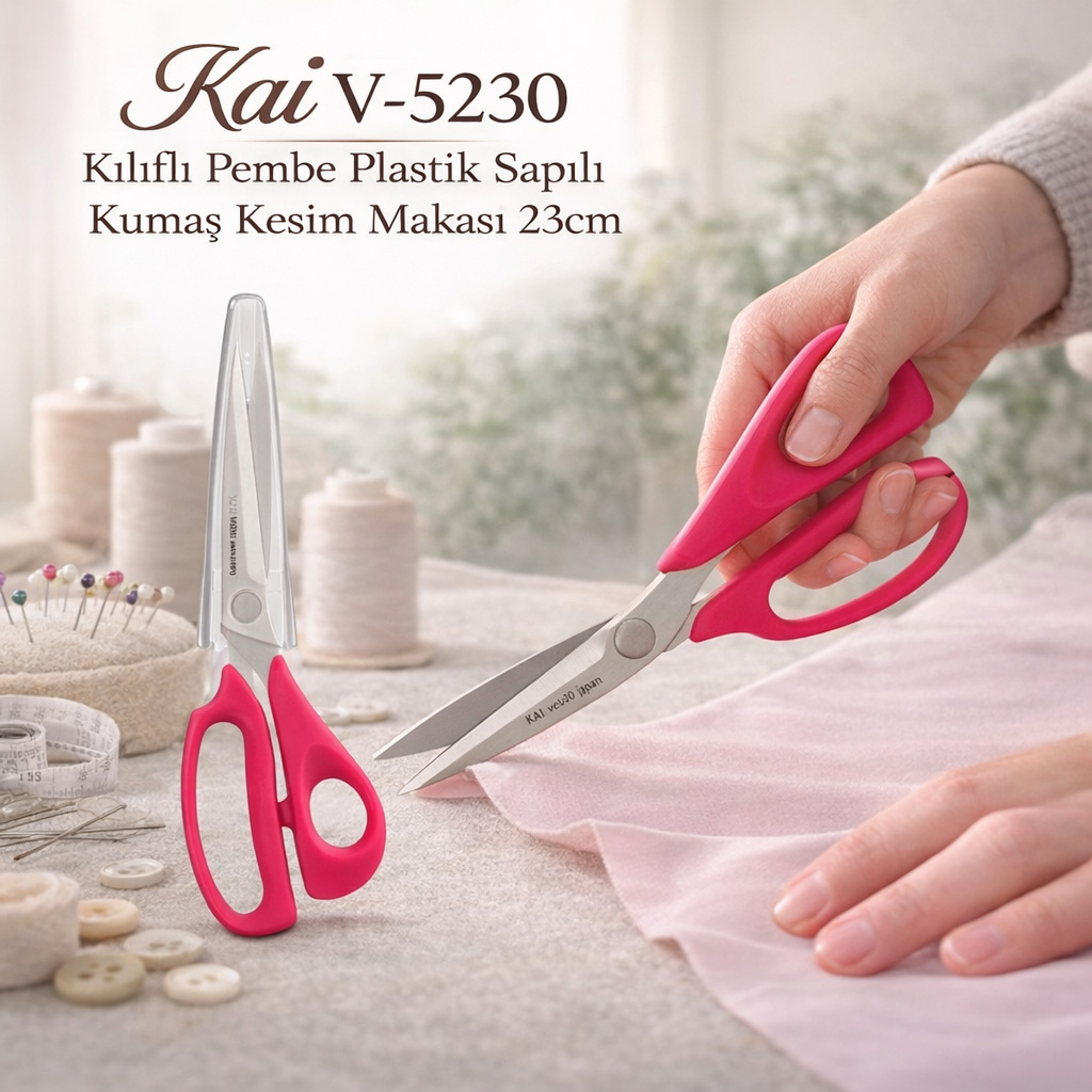 Kai V-5230 K�l�fl� Pembe Plastik Sapl� Kuma� Kesim Makas� 23cm