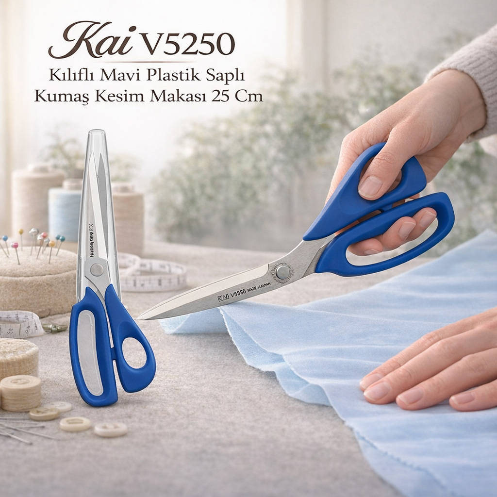 Kai V5250 K�l�fl� Mavi Plastik Sapl� Kuma� Kesim Makas� 25 Cm