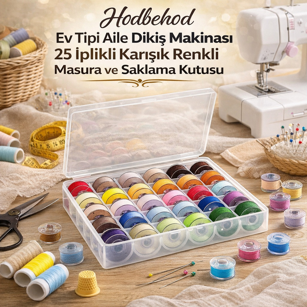 Hodbehod Ev Tipi Aile Diki� Makinas� 25 �plikli Kar���k Renkli Masura ve Saklama Kutusu
