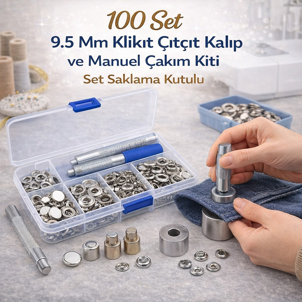 100 Set 9.5 Mm Klik�t ��t��t Kal�p ve Manuel �ak�m Kiti Set Saklama Kutulu