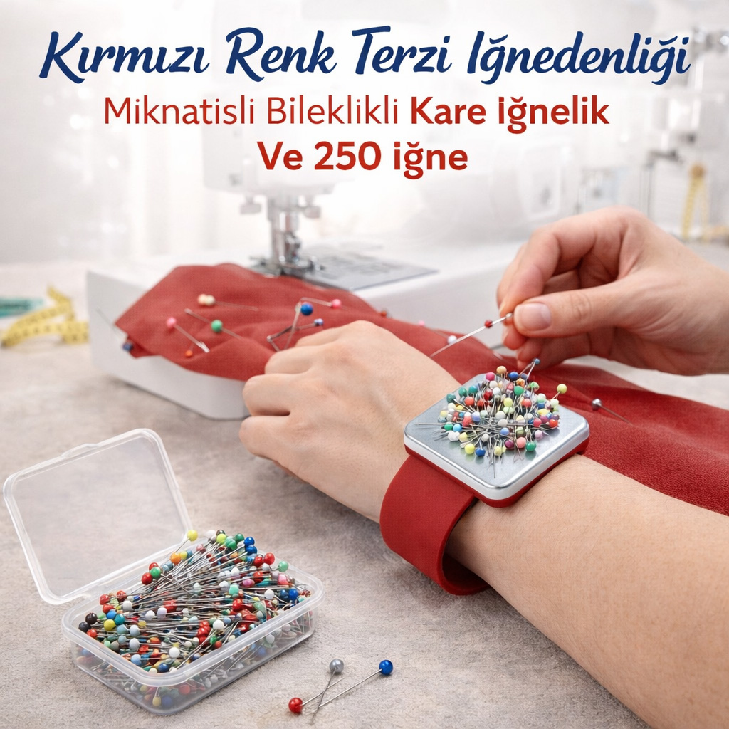 K�rm�z� Renk Terzi I�nedenli�i M�knat�sl� Bileklikli Kare I�nelik Ve 250 I�ne