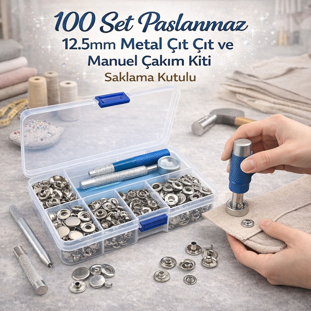 100 Set Paslanmaz 12.5mm Metal ��t ��t ve Manuel �ak�m Kiti Saklama Kutulu