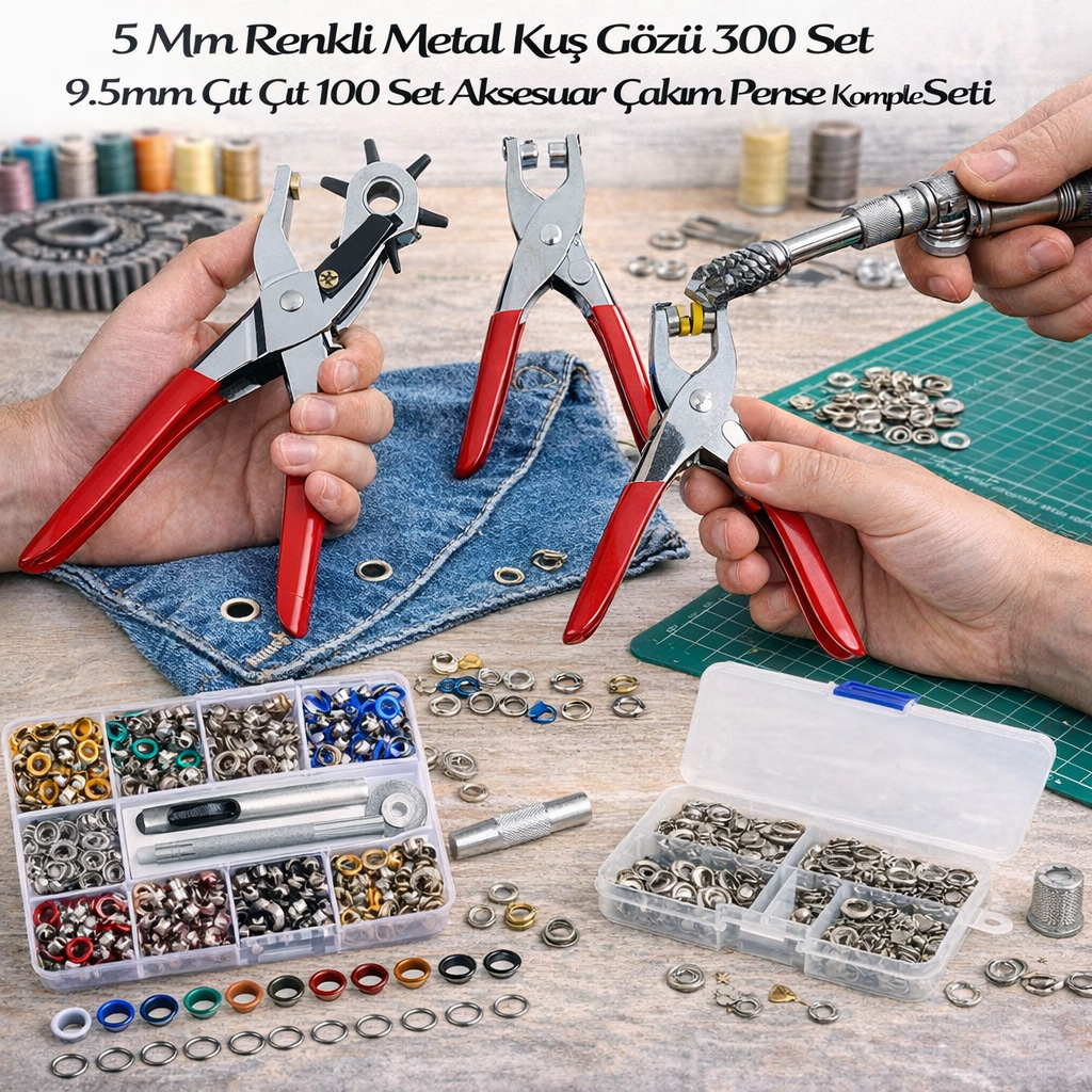 5 Mm Renkli Metal Ku� G�z� 300 Set 9.5mm ��t ��t 100 Set Aksesuar �ak�m Pense Komple Seti