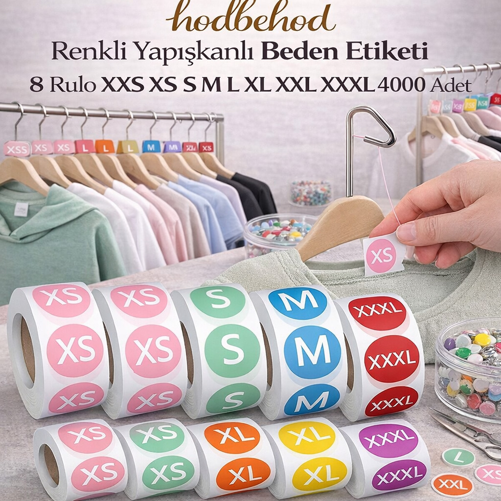 hodbehod Renkli Yap��kanl� Beden Etiketi 8 Rulo XXS XS S M L XL XXL XXXL 4000 Adet