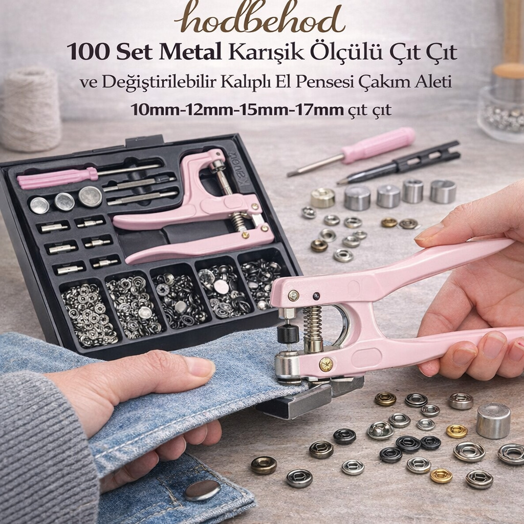 100 Set Metal Karışık Ölçülü Çıt Çıt ve Değiştirilebilir Kalıplı El Pensesi Çakım Aleti 10mm-12mm-15mm-17mmçıtçıt