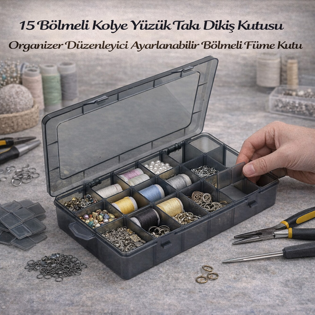 15 Bölmeli Kolye Yüzük Takı Dikiş Kutusu Organizer Düzenleyici Ayarlanabilir Bölmeli Kutu