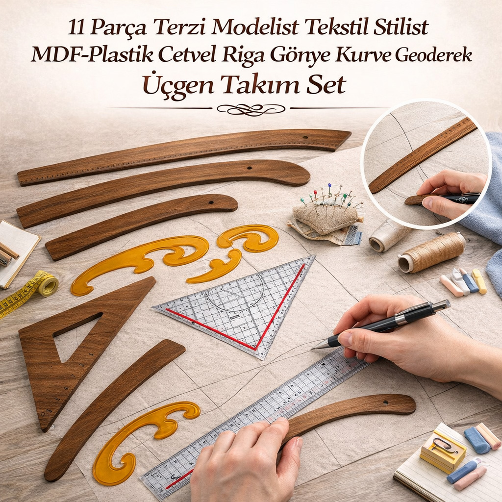 11 Par�a Terzi Modelist Tekstil Stilist MDF-Plastik Cetvel Riga G�nye Kurve Geoderek ��gen Tak�m Set