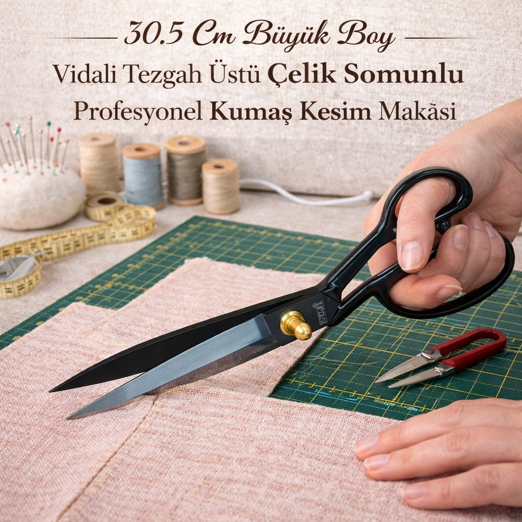30.5 Cm B�y�k Boy Vidal� Tezgah �st� �elik Somunlu Profesyonel Kuma� Kesim Makas�