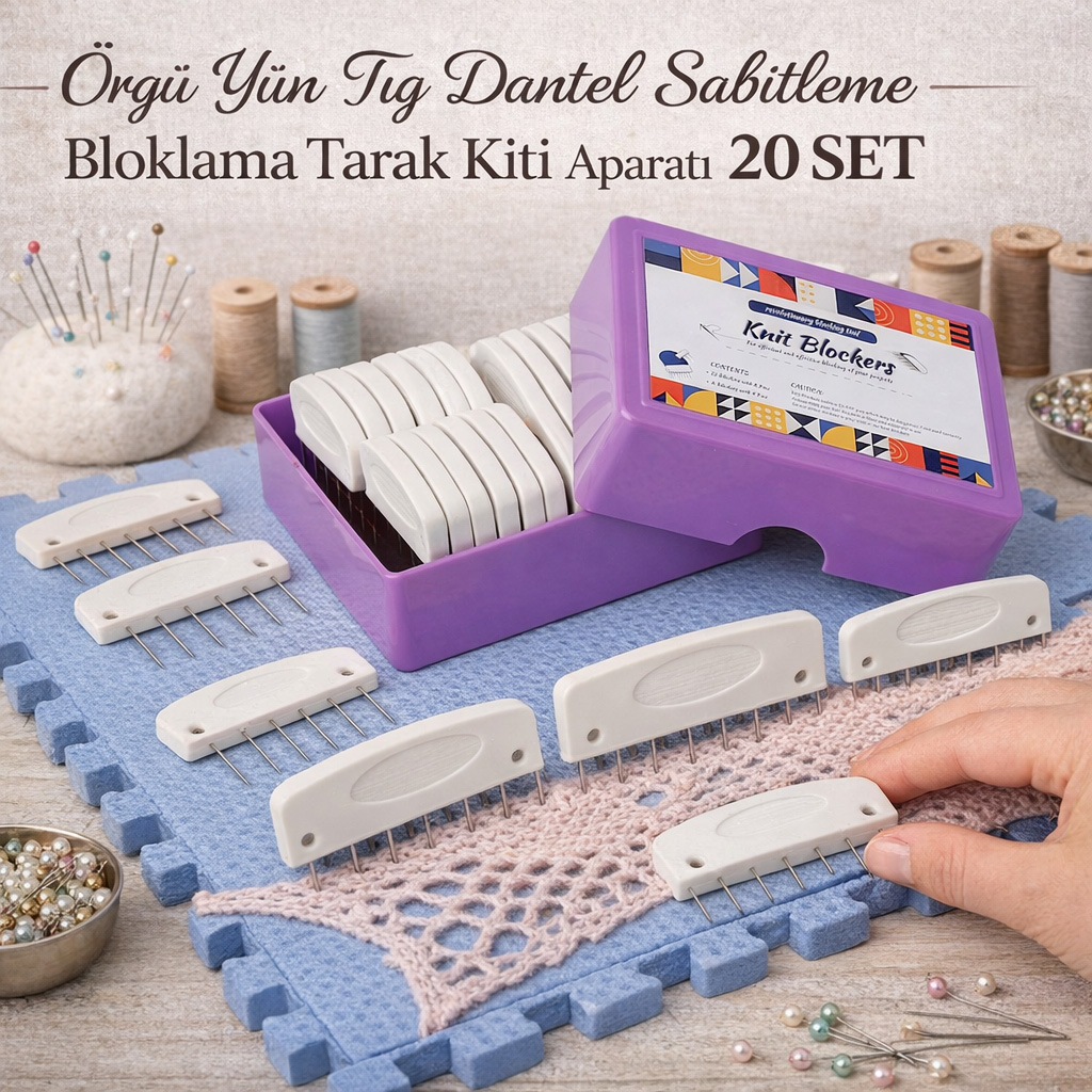 Örgü Yün Tığ Dantel Sabitleme Bloklama Tarak Kiti Aparatı 20 SET