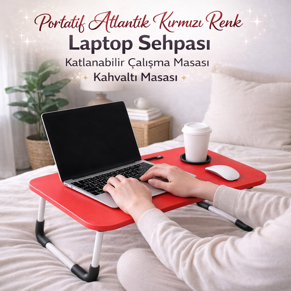 Portatif Atlantik K�rm�z� Renk Laptop Sehpas� Katlanabilir �al��ma Masas� Kahvalt� Masas�