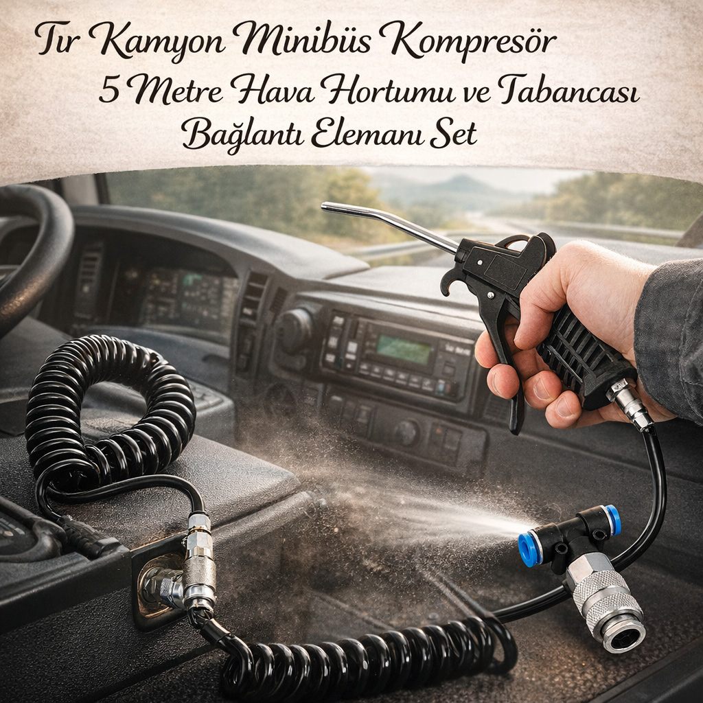 T�r Kamyon Minib�s Kompres�r 5 Metre Hava Hortumu ve Tabancas� Ba�lant� Eleman� Set