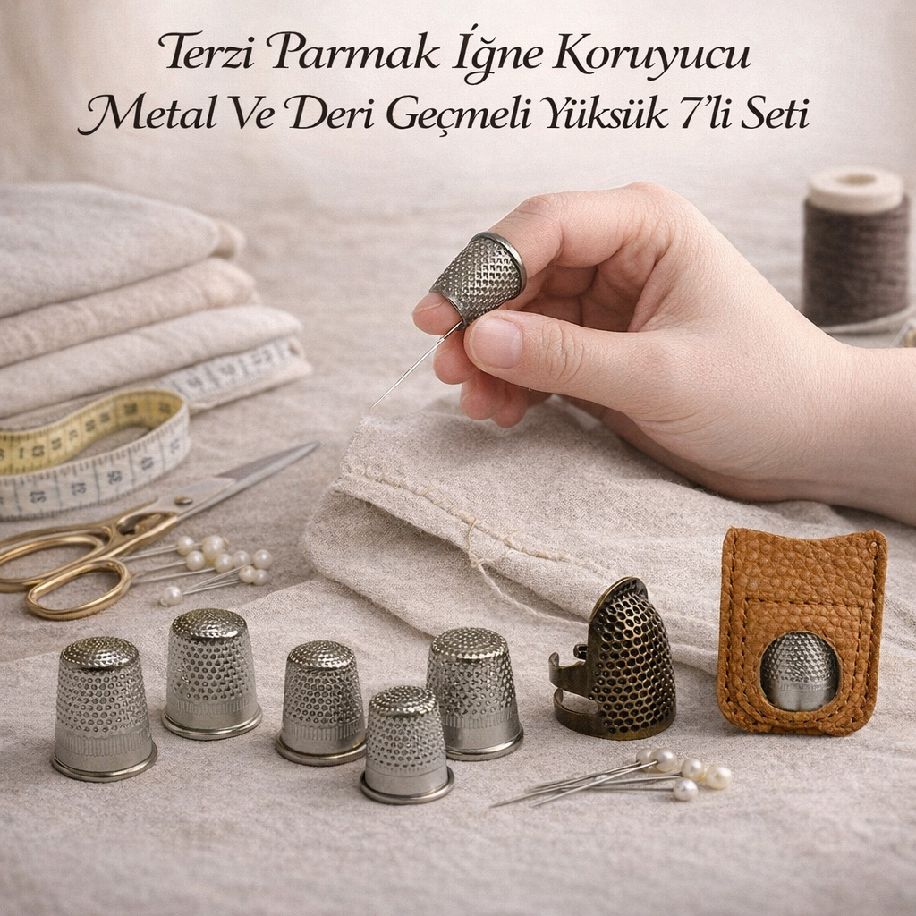 Terzi Parmak ��ne Koruyucu Metal Ve Deri Ge�meli Y�ks�k 7li Seti