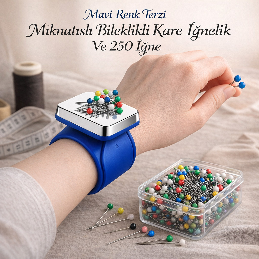 Mavi Renk Terzi M�knat�sl� Bileklikli Kare I�nelik Ve 250 I�ne