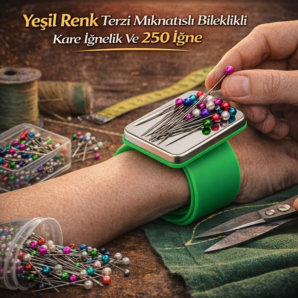 Ye�il Renk Terzi M�knat�sl� Bileklikli Kare I�nelik Ve 250 I�ne