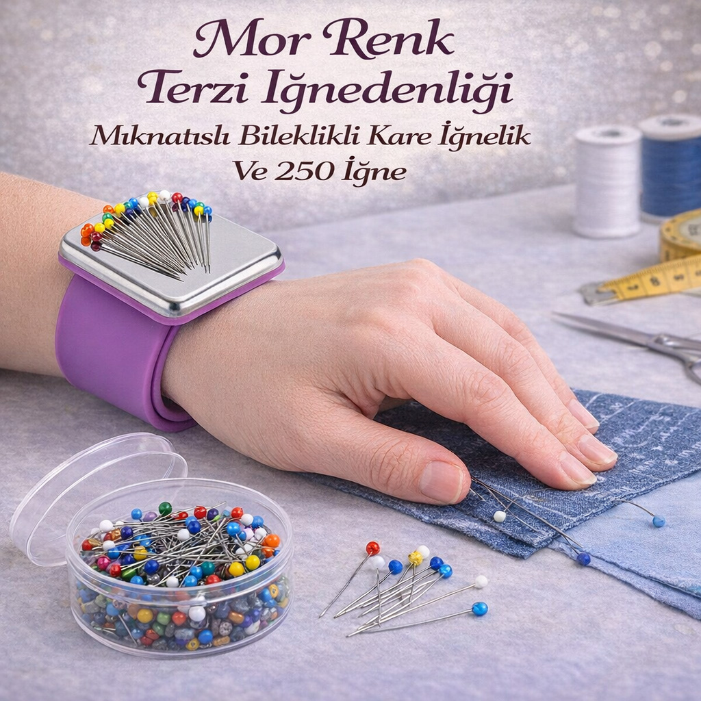 Mor Renk Terzi I�nedenli�i M�knat�sl� Bileklikli Kare I�nelik Ve 250 I�ne
