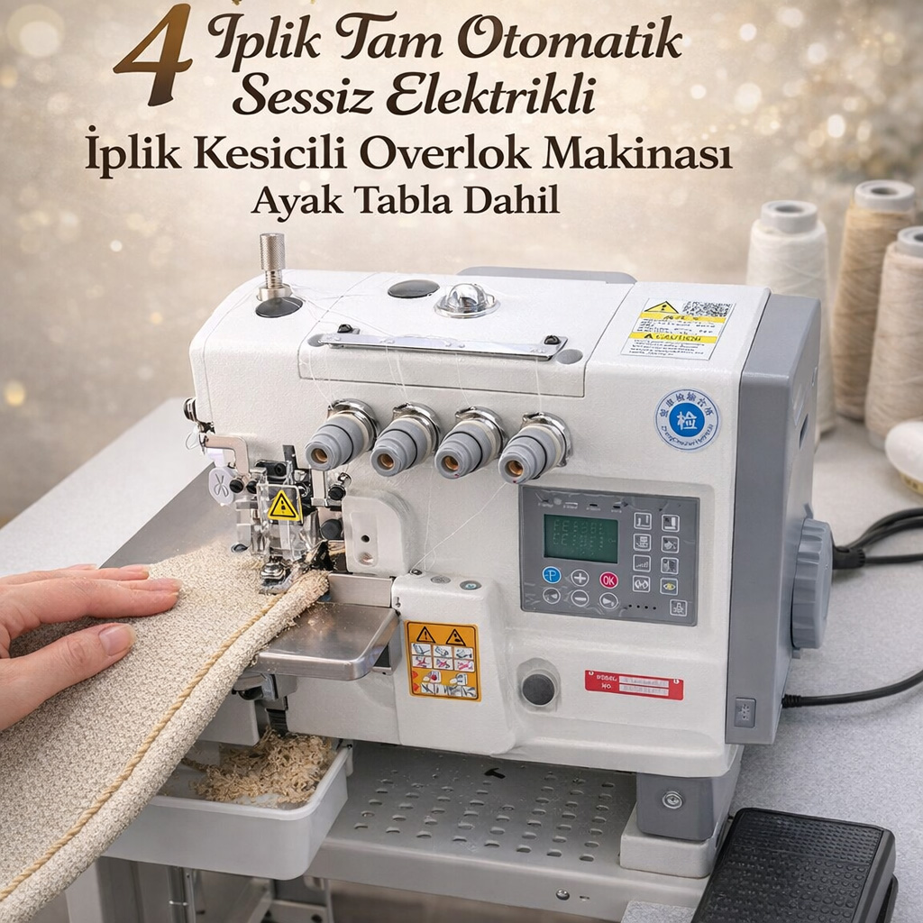 4 �plik Tam Otomatik Sessiz Elektrikli �plik Kesicili Overlok Makinas� Ayak Tabla Dahil