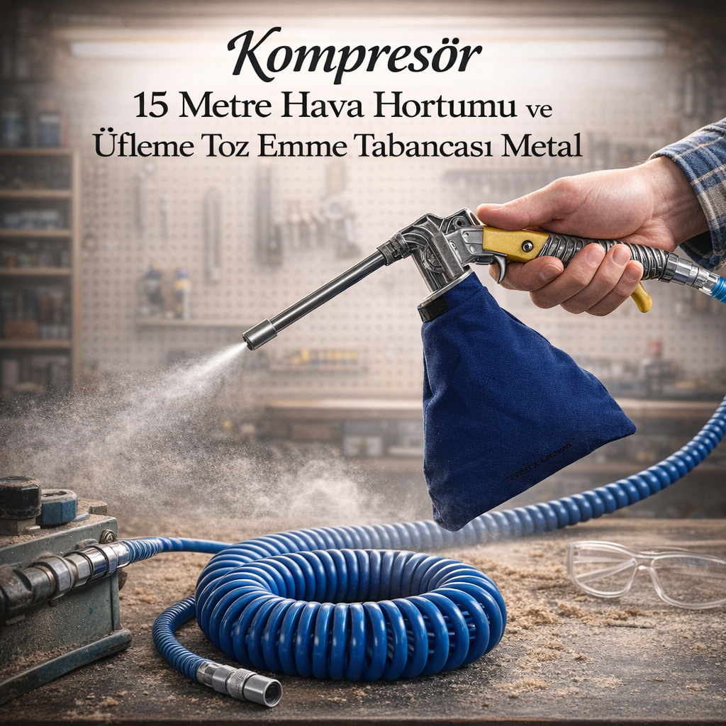 Kompresör 15 Metre Hava Hortumu ve Üfleme Toz Emme Tabancası Metal