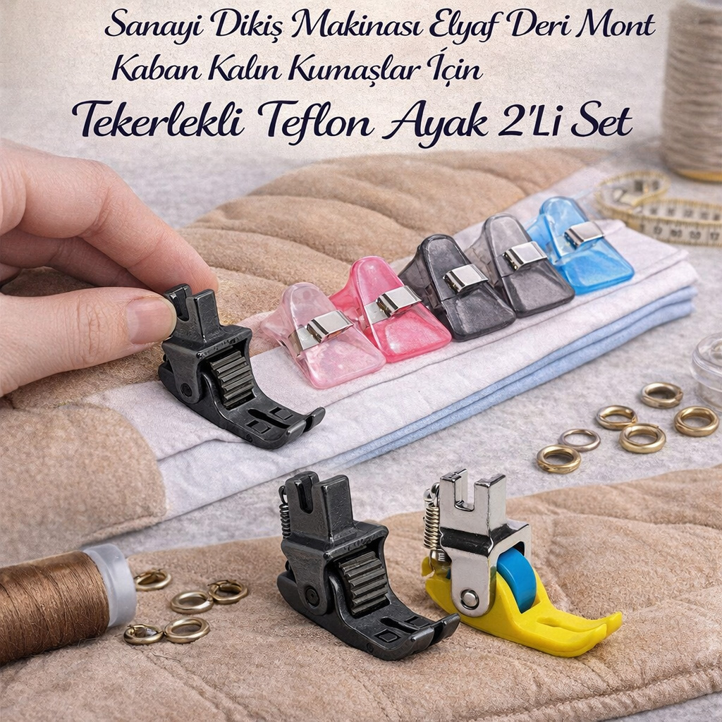 Sanayi Diki� Makinas� Elyaf Deri Mont Kaban Kal�n Kuma�lar ��in Tekerlekli Teflon Ayak 2L� Set