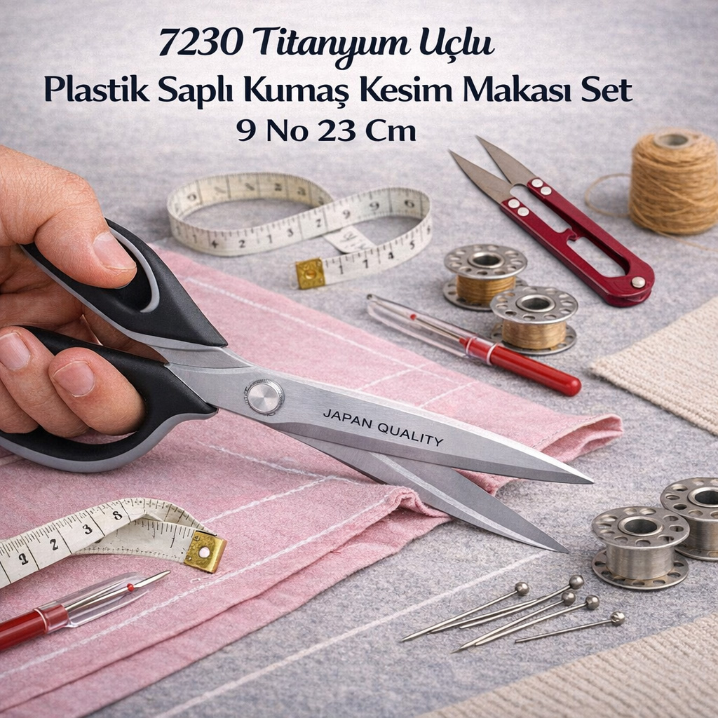 7230 Titanyum U�lu Plastik Sapl� Kuma� Kesim Makas� Set 9 No 23 Cm