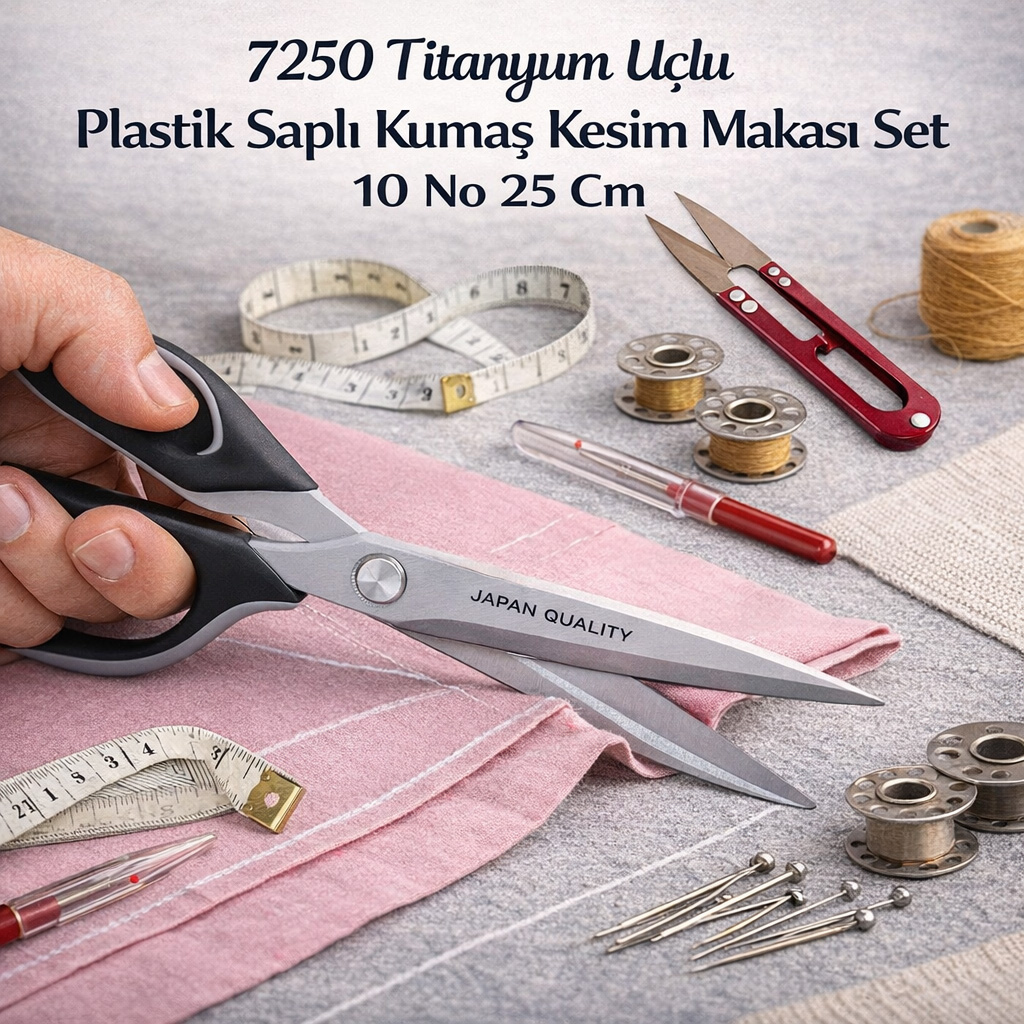 7250 Titanyum U�lu Plastik Sapl� Kuma� Kesim Makas� Set 10 No 25 Cm