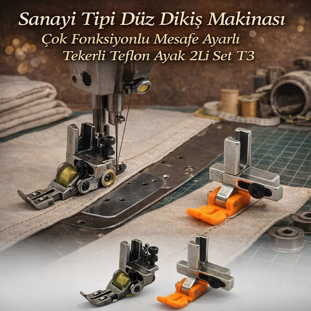 Sanayi Tipi Düz Dikiş Makinası Çok Fonksiyonlu Mesafe Ayarlı Tekerli Teflon Ayak 2Lİ Set T3