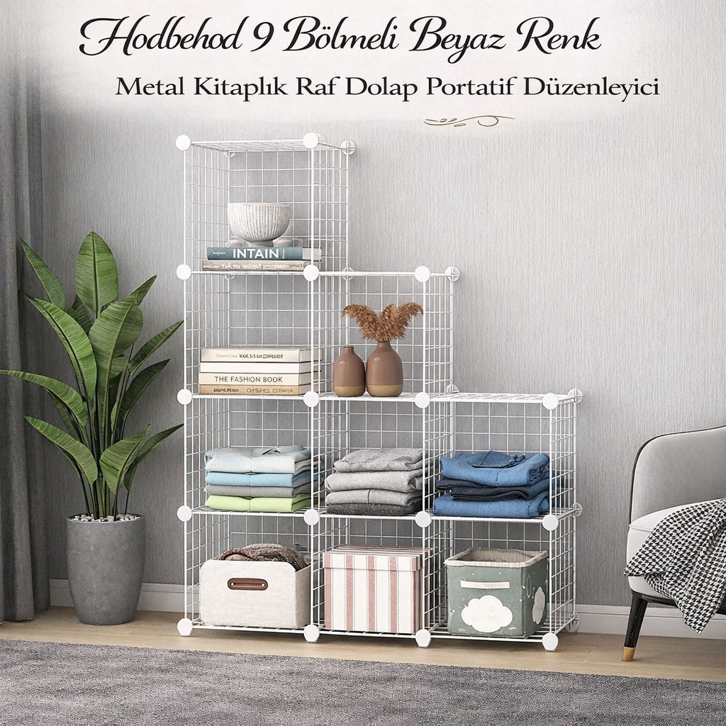 Hodbehod 9 B�lmeli Beyaz Renk Metal Kitapl�k Raf Dolap Portatif D�zenleyici