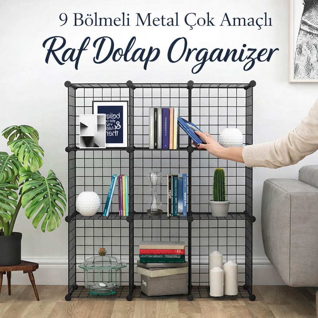 9 Bölmeli Metal Tel Portatif Modüler Oyuncak Dolabı Çok Amaçlı Düzenleyici Raf